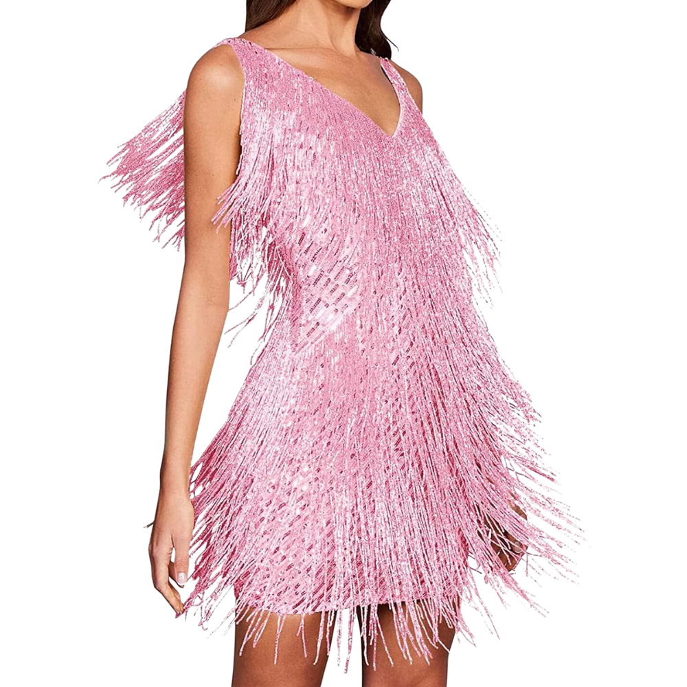Sequin V-Neck Slip Dress -Pink - Ozerty