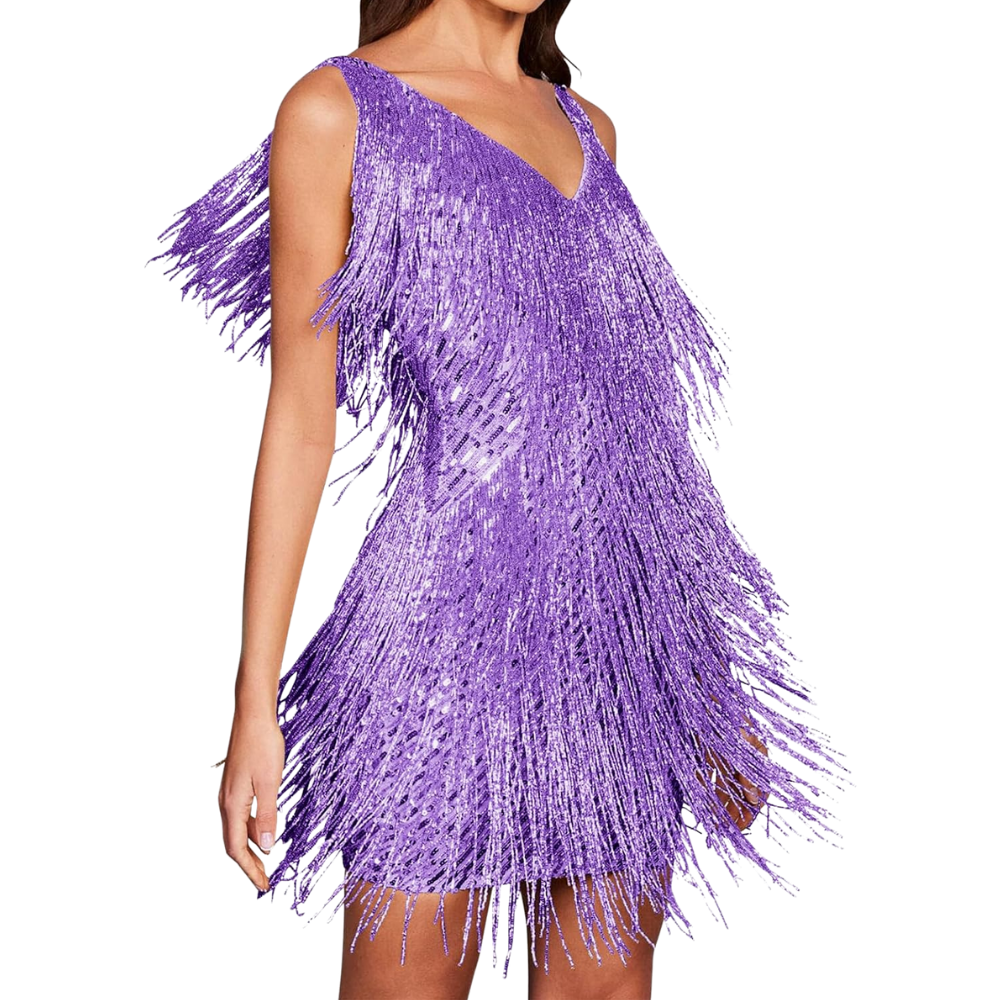Sequin V-Neck Slip Dress -Purple - Ozerty