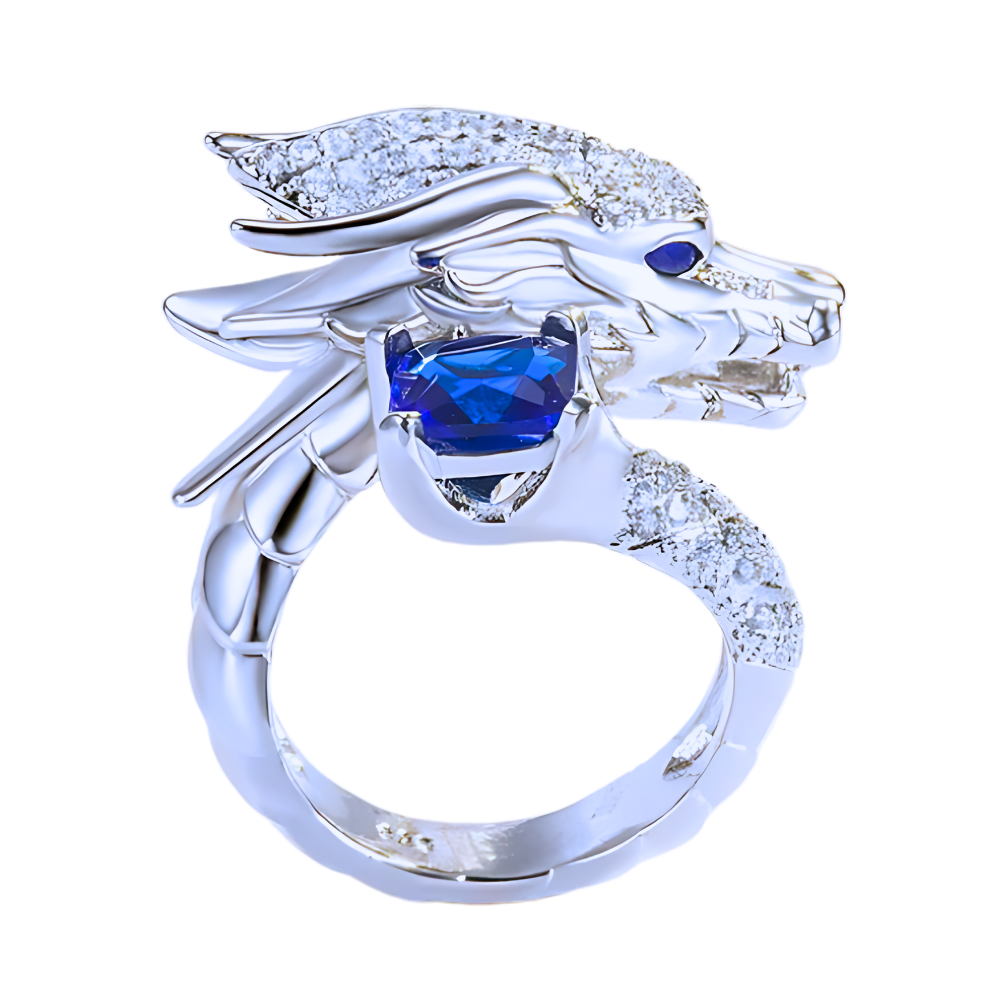 Unique Handmade Silver Dragon Ring -Navy Blue - Ozerty